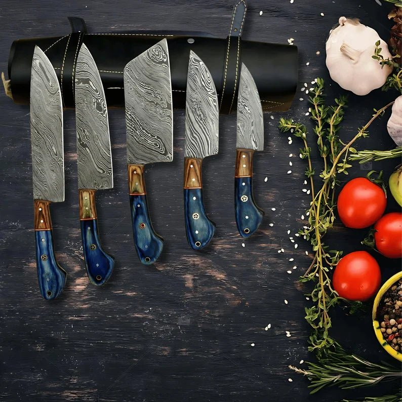 Damascus Knife Set with Leather Case – Hand - Forged Chef Knives 8–13 Inch - KitchenCraftedGoods