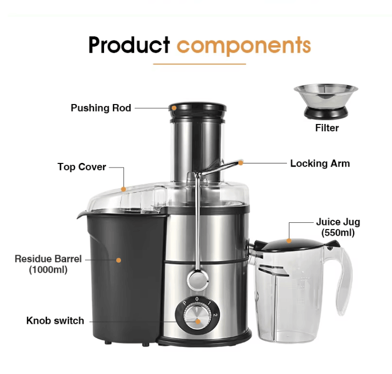 1100W BPA-Free Centrifugal Juicer with 2.5L Pulp Container