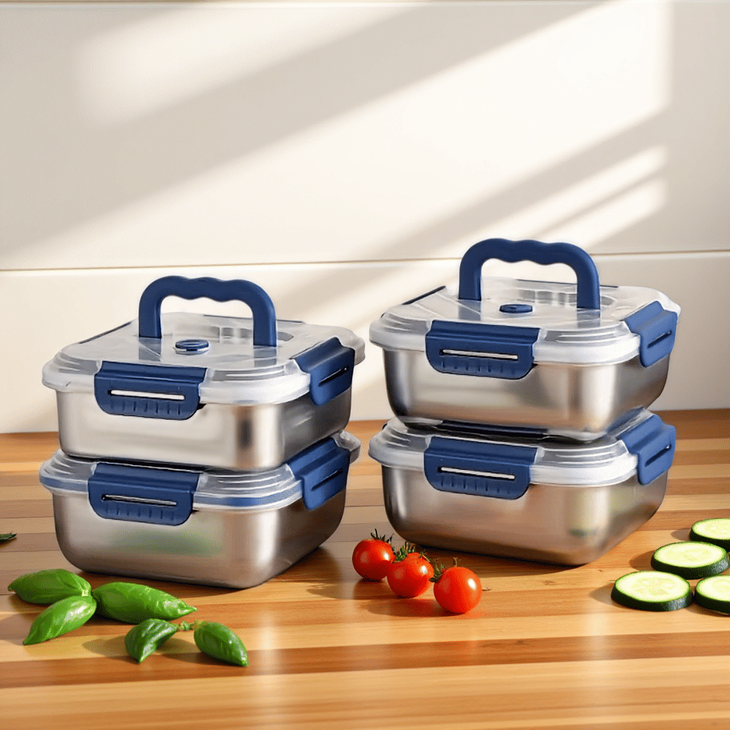 Extra - Large Stainless Steel Food Storage Containers with Blue Lids - KitchenCraftedGoods