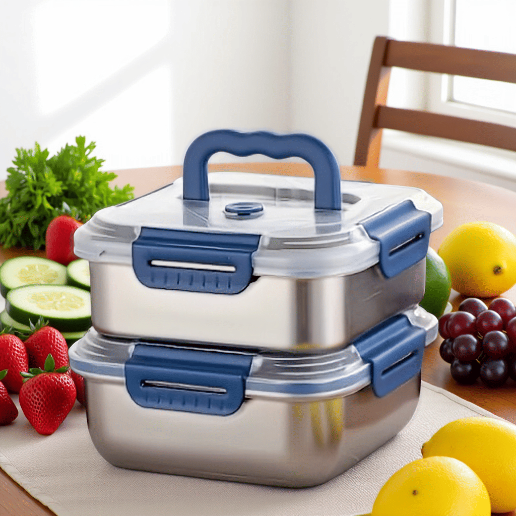 Extra - Large Stainless Steel Food Storage Containers with Blue Lids - KitchenCraftedGoods