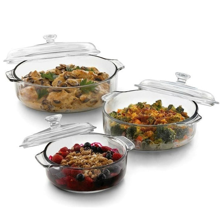 Glass Casserole Dish Set with Lids – 6 - Piece Round Bakeware (1qt, 2qt, 3qt) - KitchenCraftedGoods