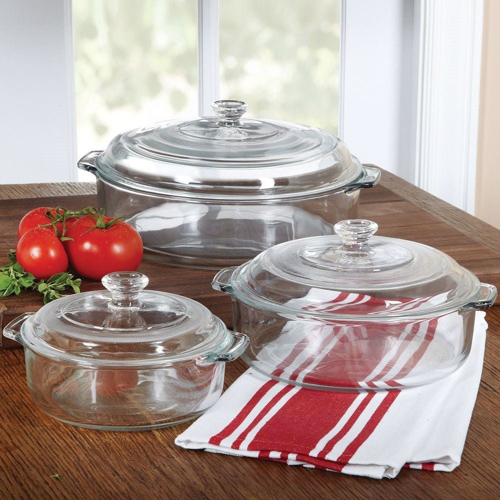 Glass Casserole Dish Set with Lids – 6 - Piece Round Bakeware (1qt, 2qt, 3qt) - KitchenCraftedGoods