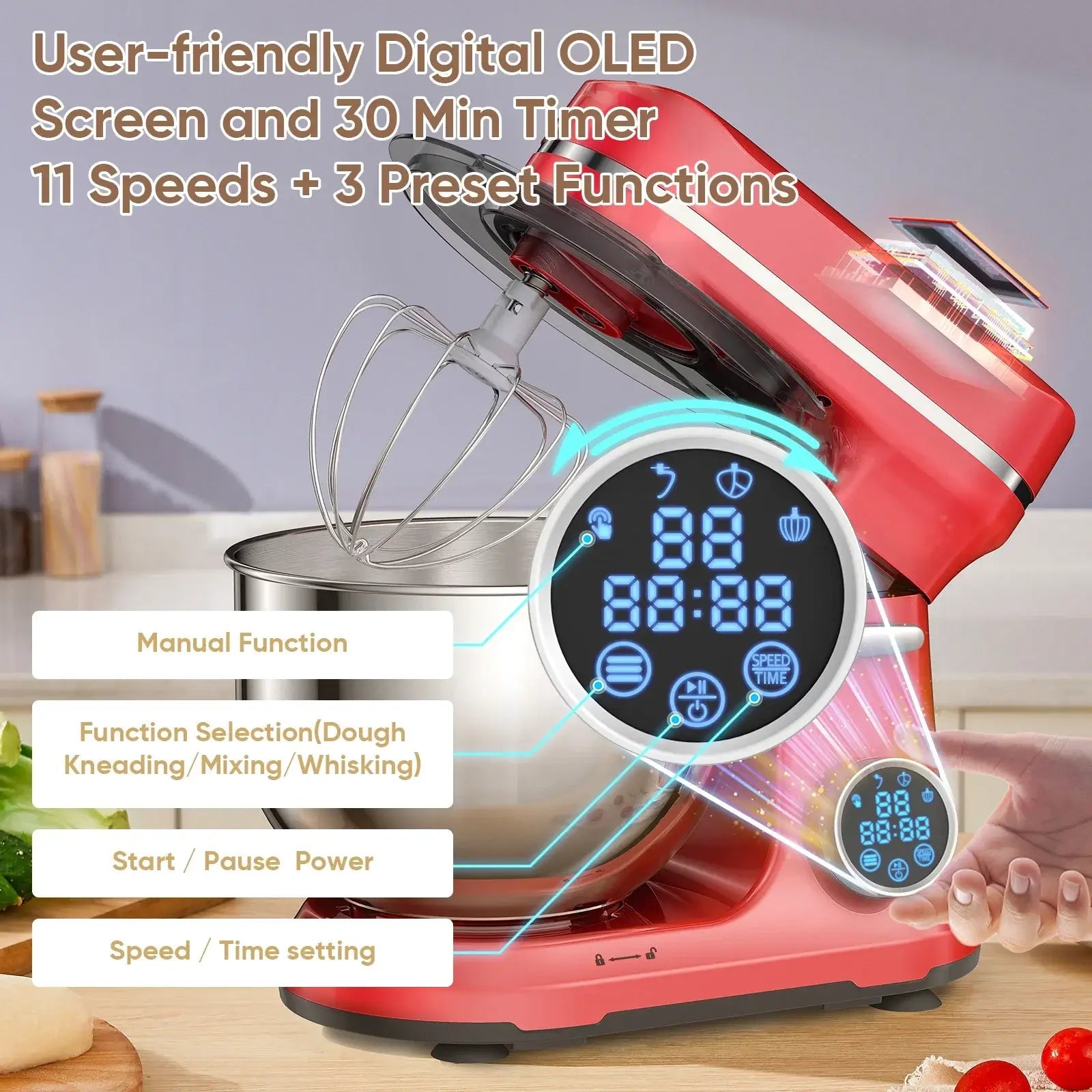 Kitchen Food Stand Mixer - 1200W, 11 Speeds, OLED - KitchenCraftedGoods