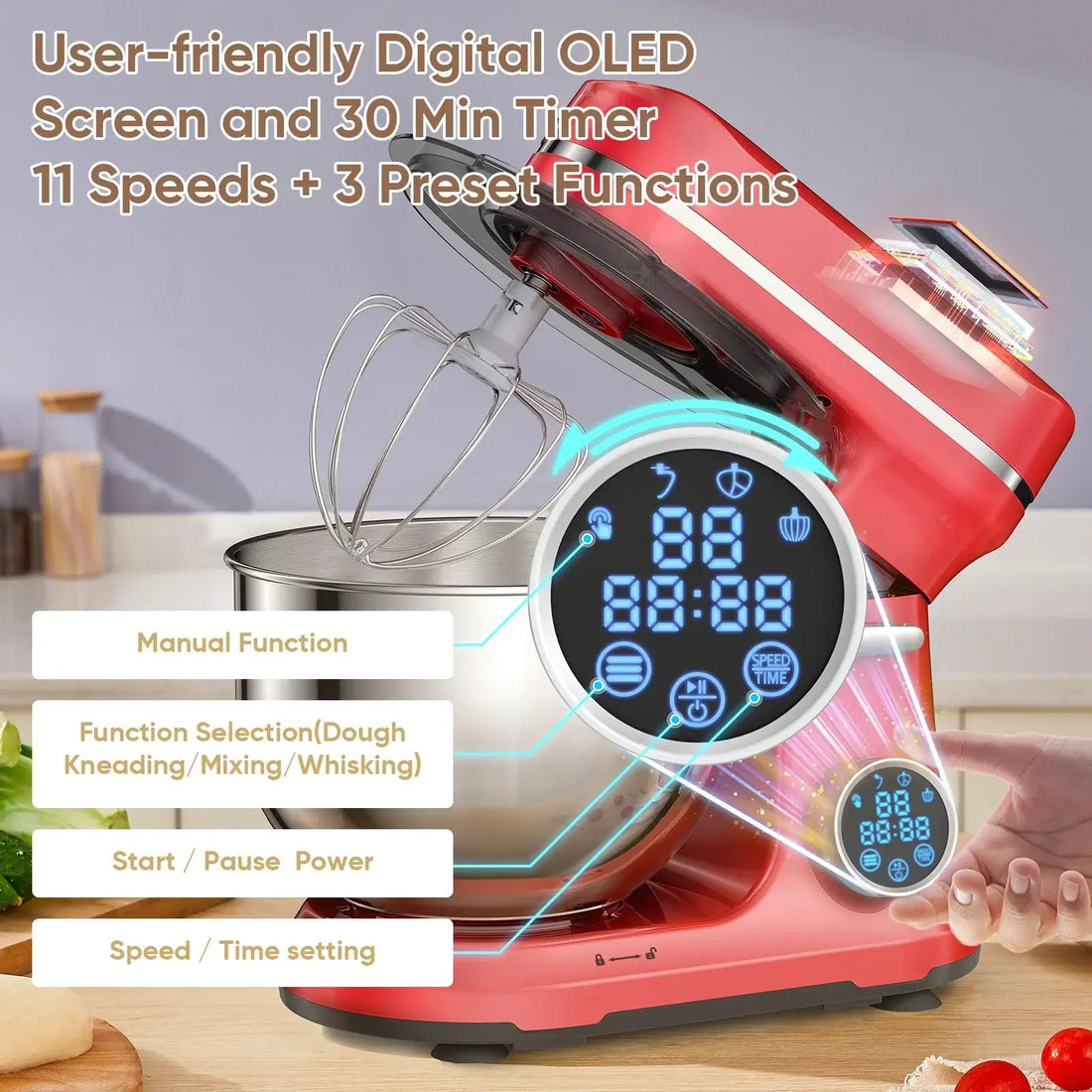 Kitchen Food Stand Mixer - 1200W, 11 Speeds, OLED - KitchenCraftedGoods