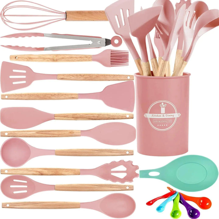 Silicone Kitchen Utensils Set Heat - Resistant Wooden Handle Light Pink - KitchenCraftedGoods