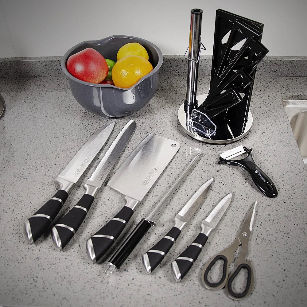 Stainless Steel Kitchen Knife Set with Sharpener – Non - Stick Coated Chef Knives for Slicing, Dicing & Chopping - KitchenCraftedGoods