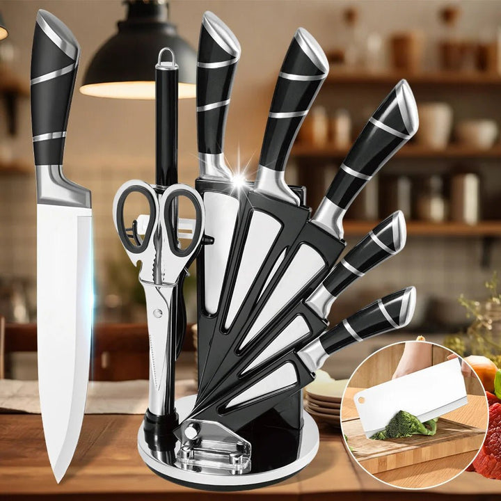 Stainless Steel Kitchen Knife Set with Sharpener – Non - Stick Coated Chef Knives for Slicing, Dicing & Chopping - KitchenCraftedGoods