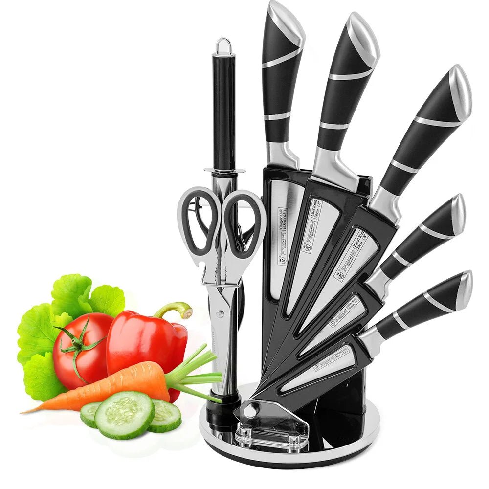 Stainless Steel Kitchen Knife Set with Sharpener – Non - Stick Coated Chef Knives for Slicing, Dicing & Chopping - KitchenCraftedGoods