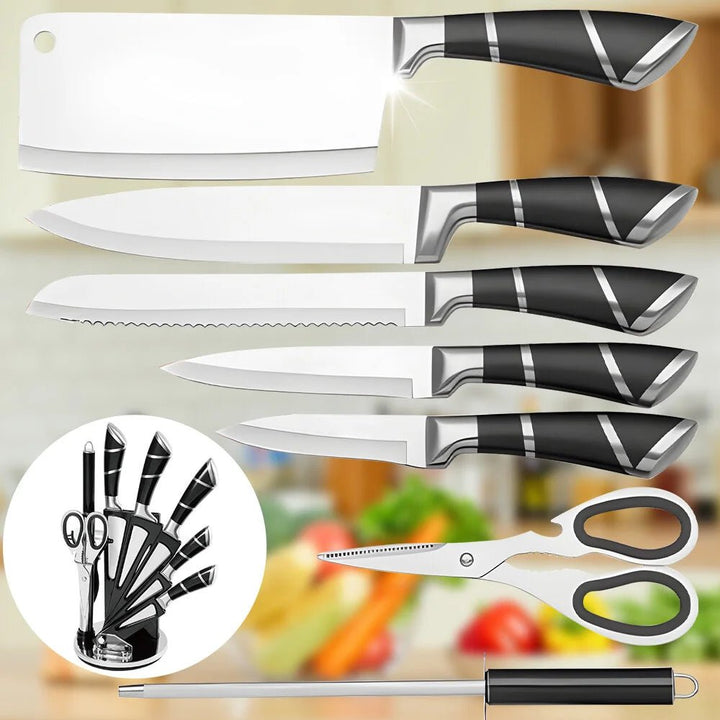 Stainless Steel Kitchen Knife Set with Sharpener – Non - Stick Coated Chef Knives for Slicing, Dicing & Chopping - KitchenCraftedGoods