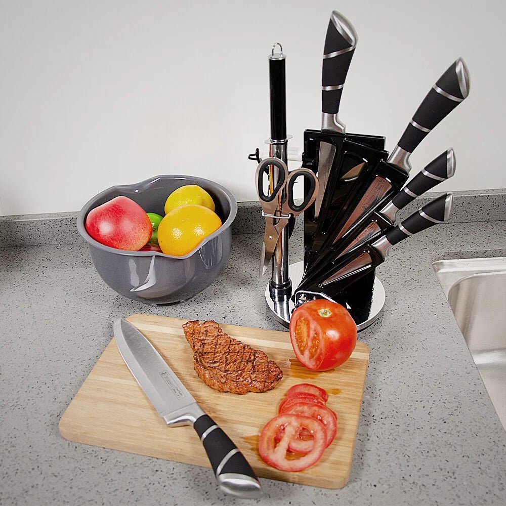 Stainless Steel Kitchen Knife Set with Sharpener – Non - Stick Coated Chef Knives for Slicing, Dicing & Chopping - KitchenCraftedGoods