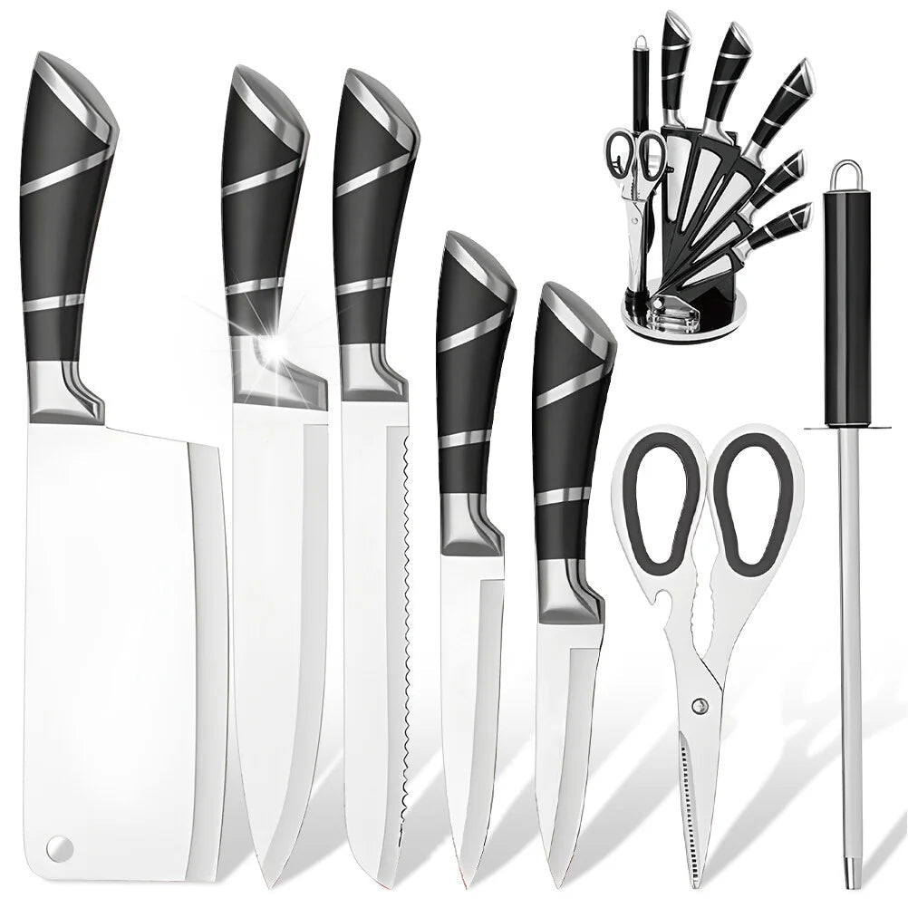Stainless Steel Kitchen Knife Set with Sharpener – Non - Stick Coated Chef Knives for Slicing, Dicing & Chopping - KitchenCraftedGoods