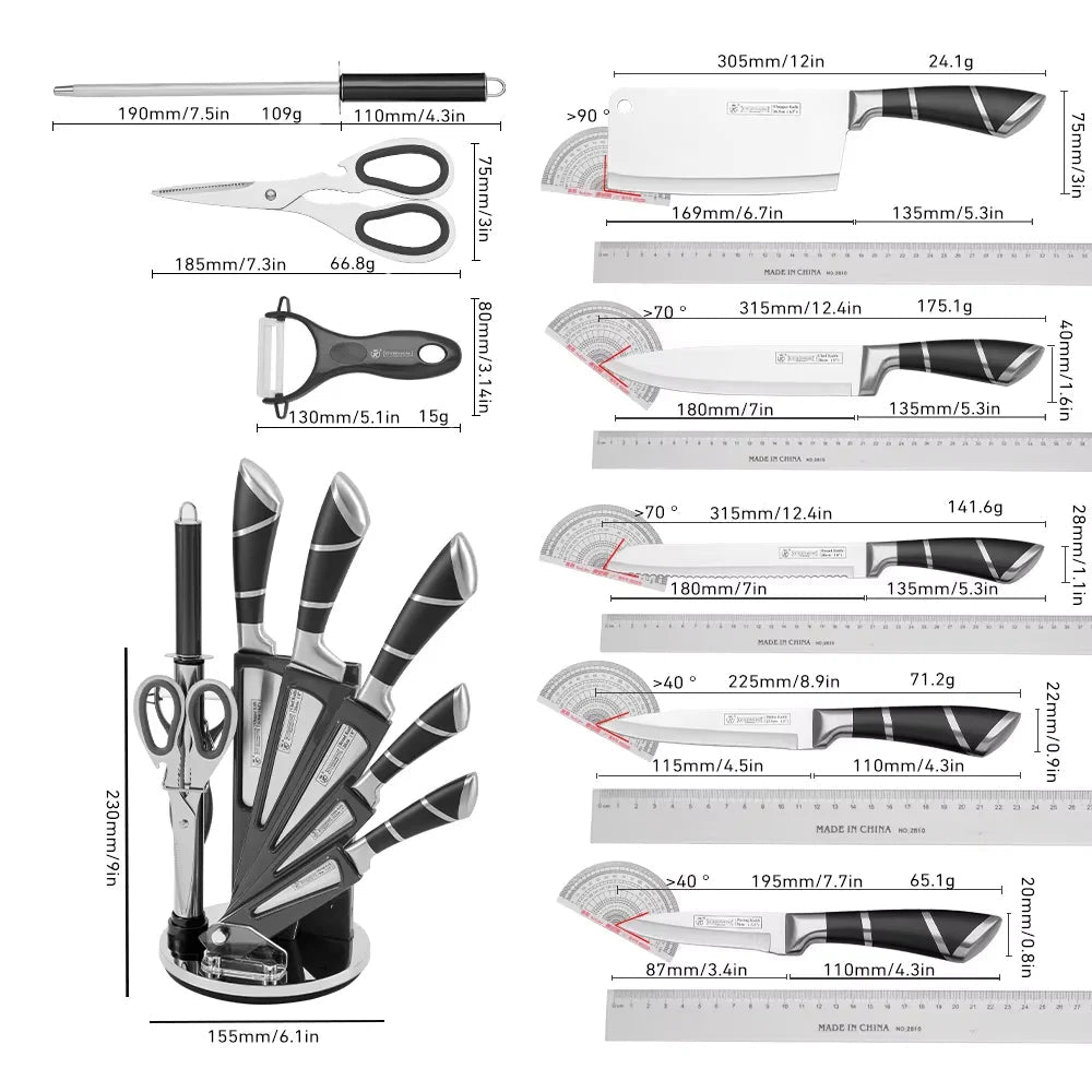 Stainless Steel Kitchen Knife Set with Sharpener – Non - Stick Coated Chef Knives for Slicing, Dicing & Chopping - KitchenCraftedGoods