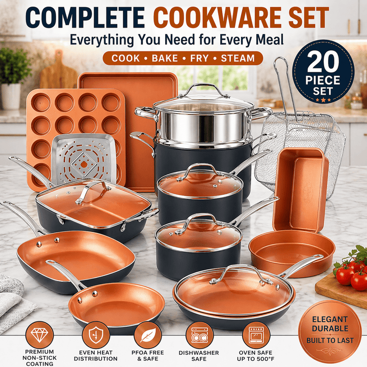 STEEL (20 Pcs) Cookware + Bakeware Set 22.65" X 15.04" X 14.57" 1922MPL - KitchenCraftedGoods